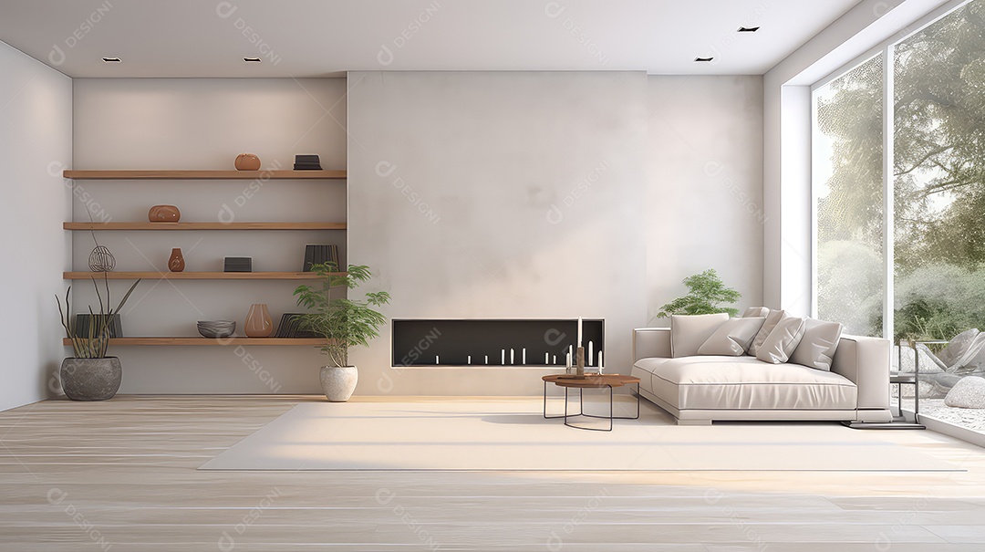 Interior de uma sala de estar moderna com paredes brancas