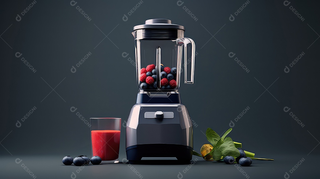 Espremedor com frutas e bagas em fundo escuro