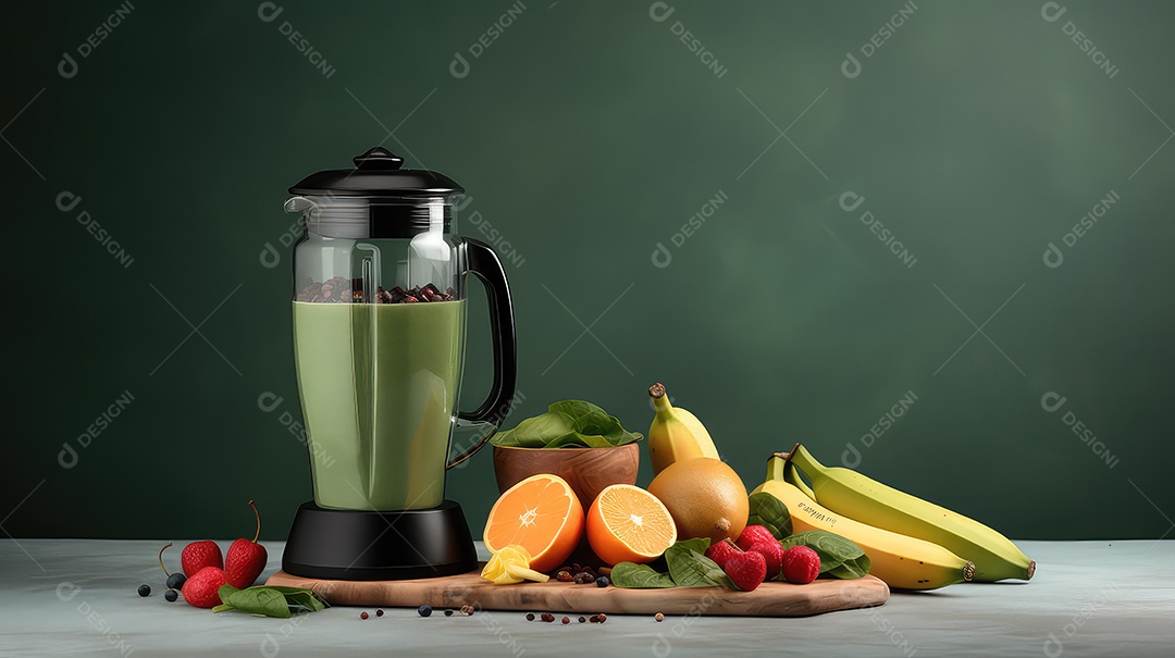 Liquidificador com ingredientes para fazer smoothie na mesa contra quadro negro