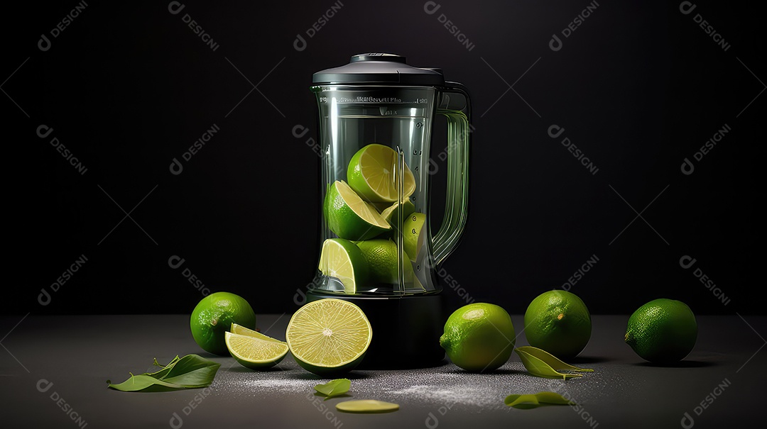 Liquidificador com limas e limões frescos em um fundo preto