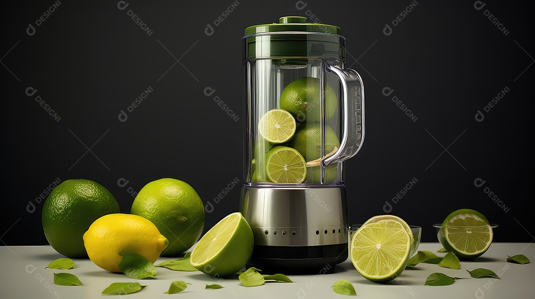 Liquidificador com limas e limões frescos em um fundo preto