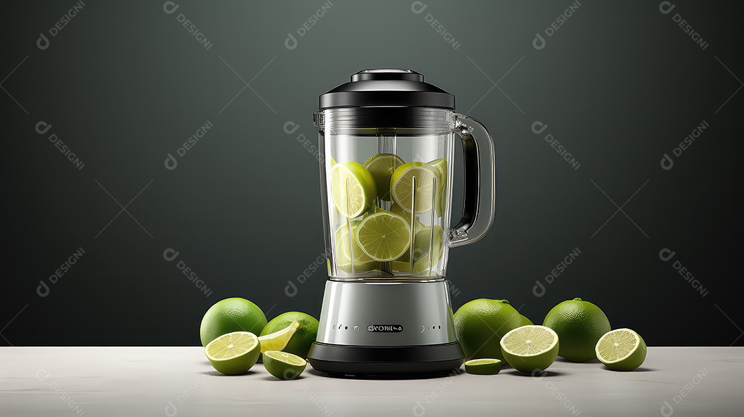 Liquidificador com limões frescos sobre uma mesa renderização 3D