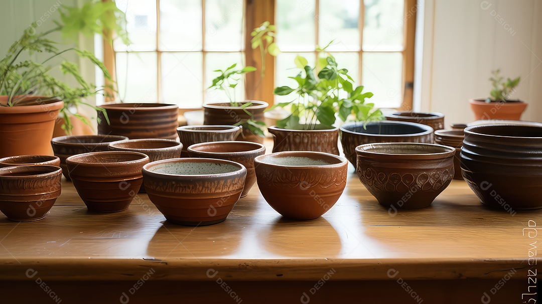 Vista de perto de potes de barro sobre uma mesa de madeira com plantas verdes