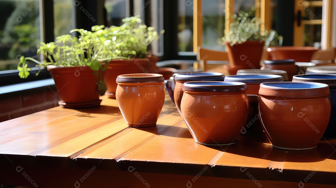 Plantas em vasos de terracota sobre mesa de madeira