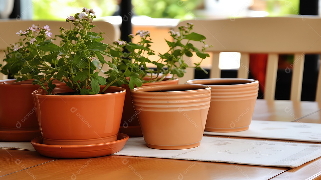 Flores em vasos sobre uma mesa de madeira em uma casa de campo