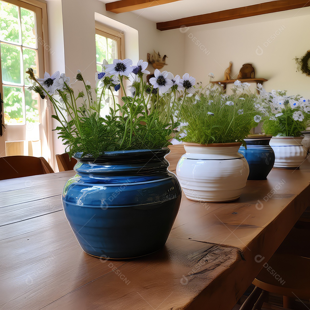 Flores em vasos sobre uma mesa de madeira em uma casa de campo
