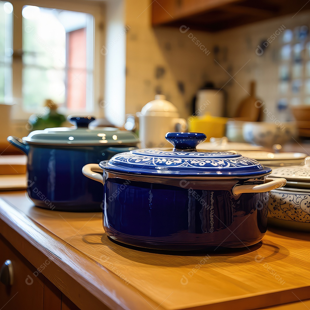 Panelas e frigideiras esmaltadas em azul na bancada da cozinha