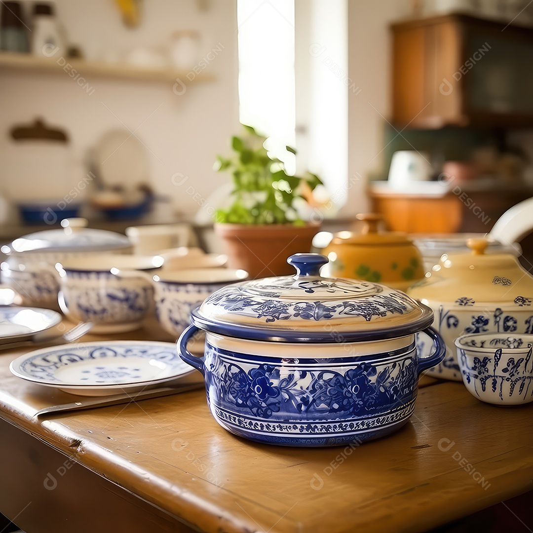 Panelas e frigideiras de cerâmica sobre uma mesa de madeira na cozinha