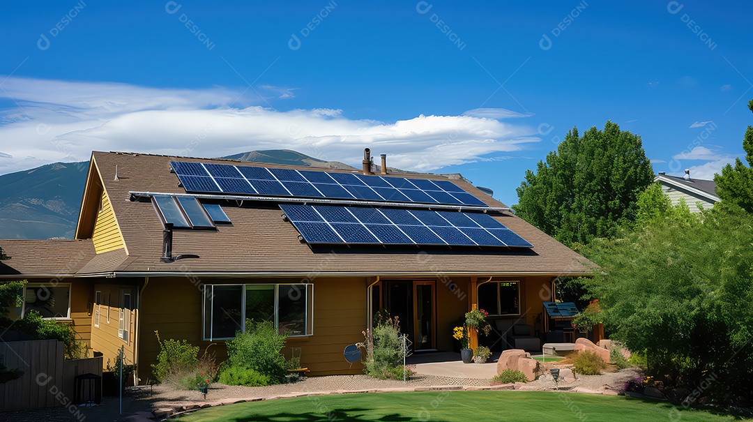 Painéis solares instalados no telhado de uma casa moderna com céu azul