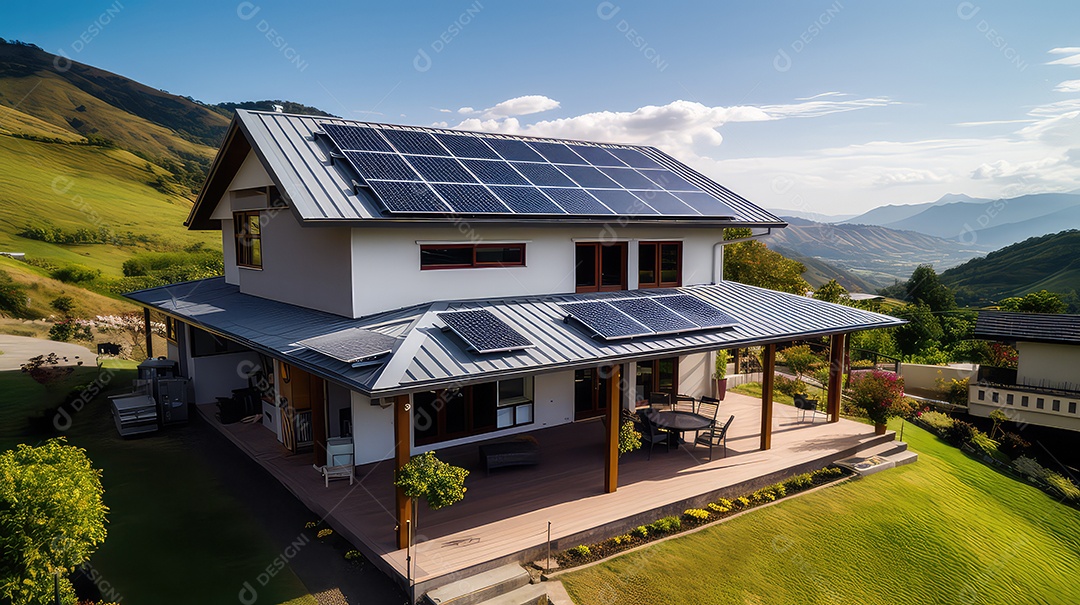 Painéis solares instalados no telhado de uma casa moderna com céu azul