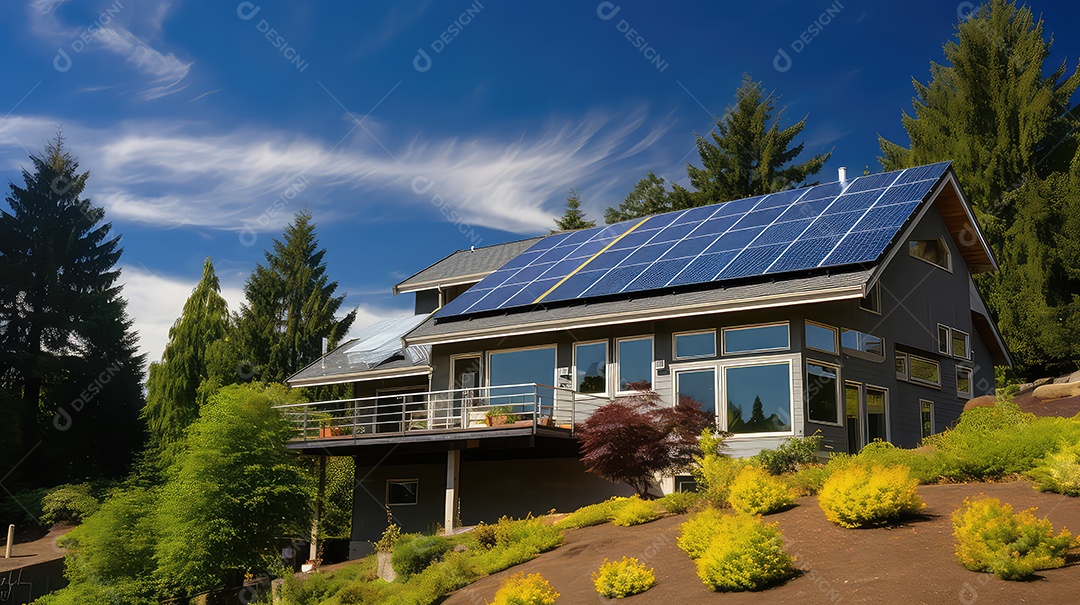 Painéis solares instalados no telhado de uma casa moderna com céu azul