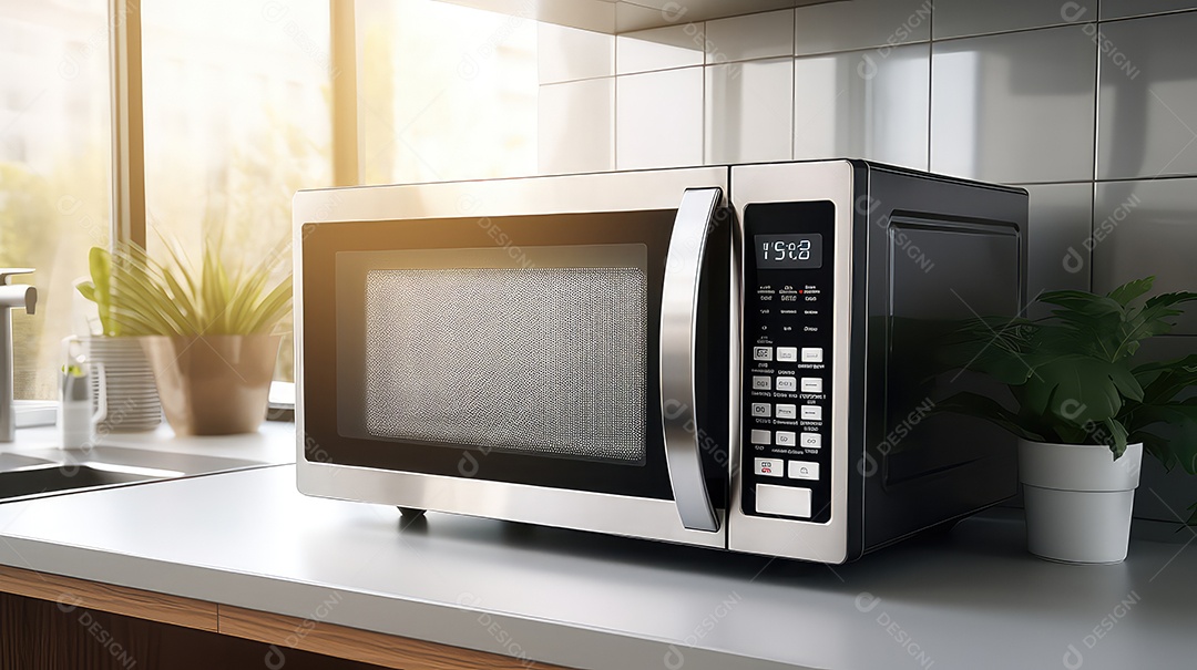 Forno de micro ondas na mesa da cozinha