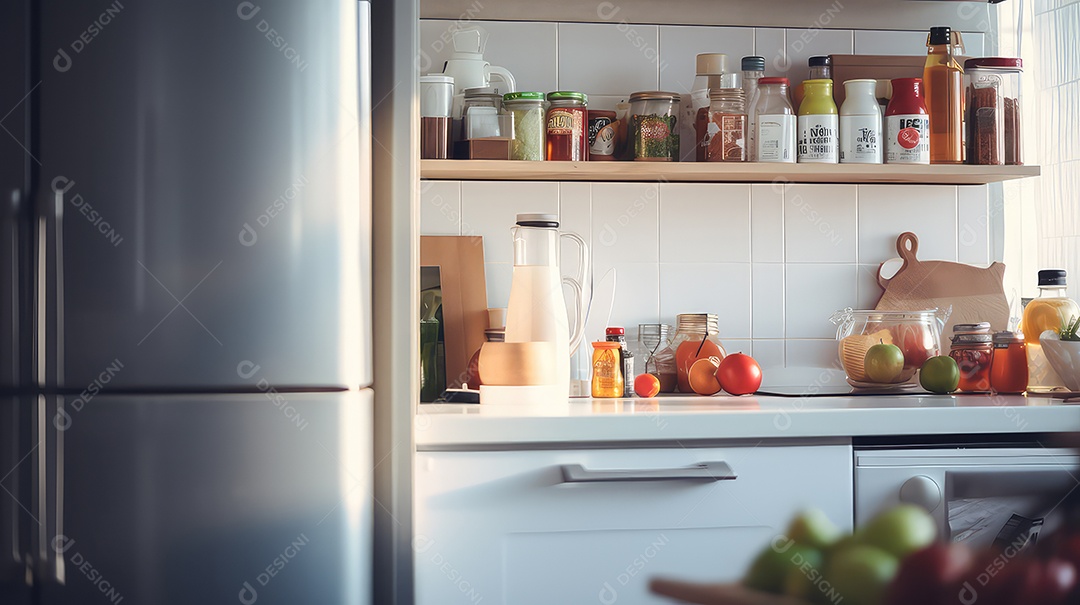 Interior de uma cozinha moderna com frutas e vegetais frescos