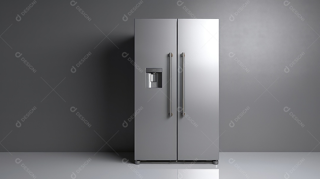 Geladeira em frente a uma parede cinza renderização 3D