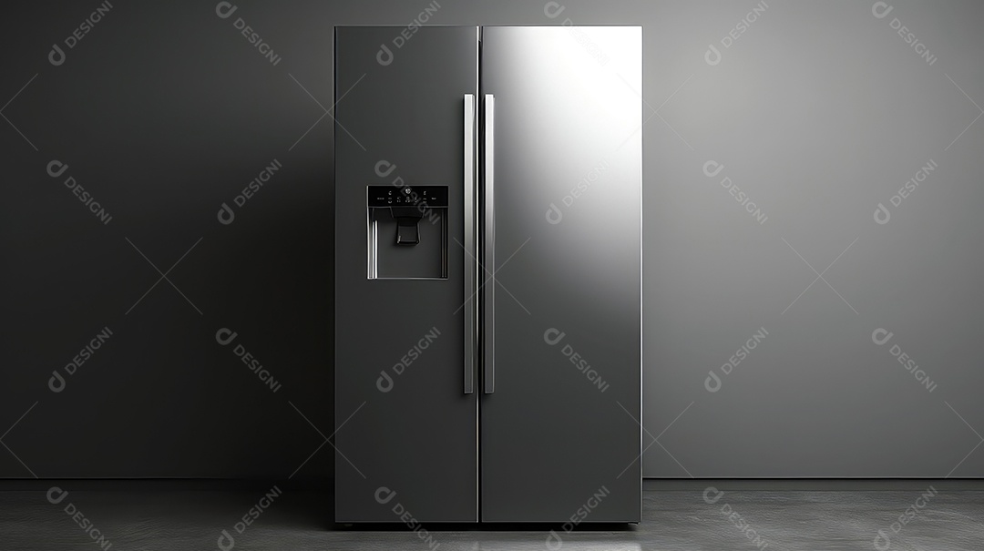 Geladeira em frente a uma parede cinza renderização 3D