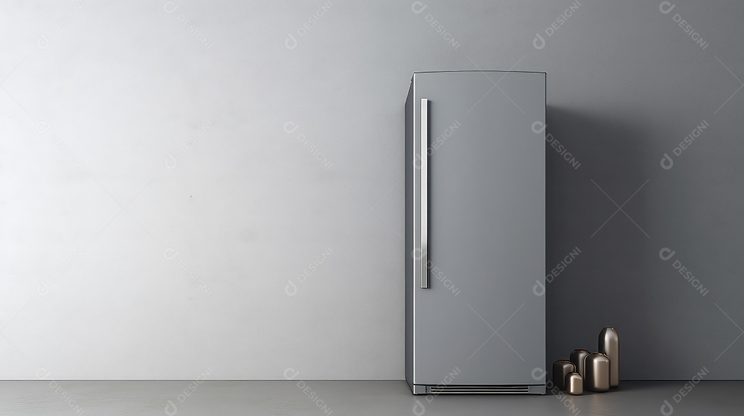 Geladeira em frente a uma parede cinza renderização 3D