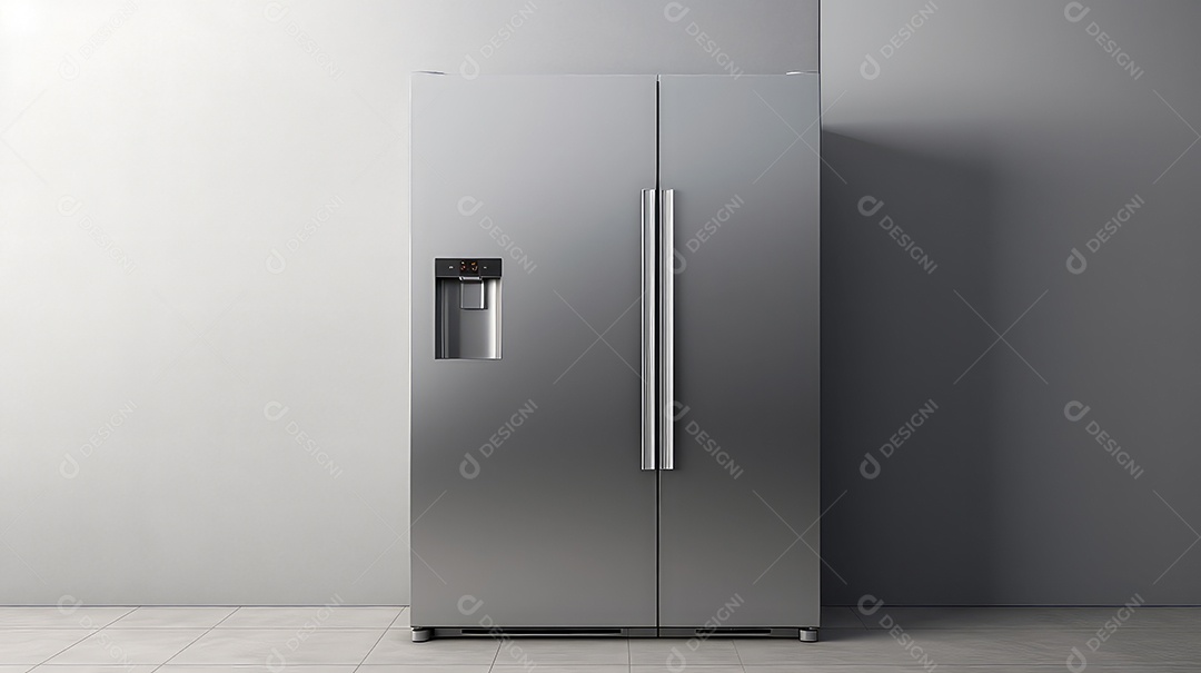 Geladeira em frente a uma parede cinza renderização 3D