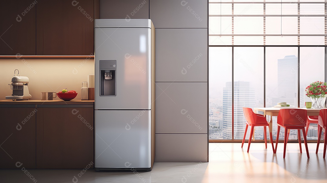 Interior de cozinha moderna com geladeira e cadeiras vermelhas