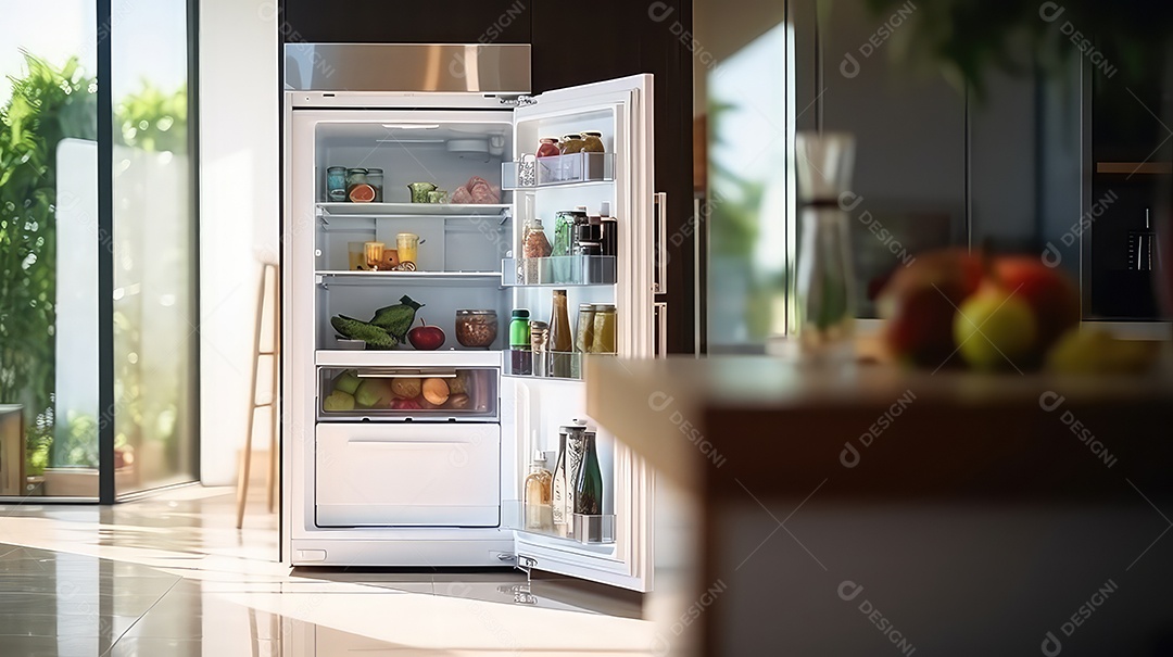 Geladeira cheia de comida em uma cozinha moderna