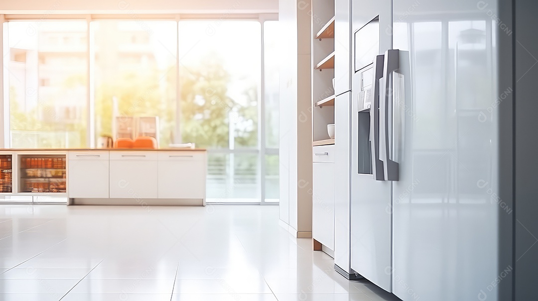 Geladeira em interior de cozinha moderna com luz solar.