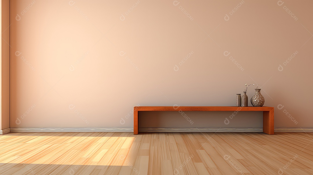 Interior com parede azul, piso de madeira e uma mesa