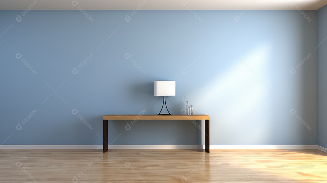 Interior com parede azul piso de madeira e uma mesa