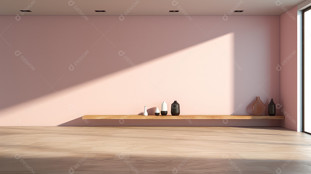 Interior de sala de estar moderna com paredes rosa, piso de madeira,