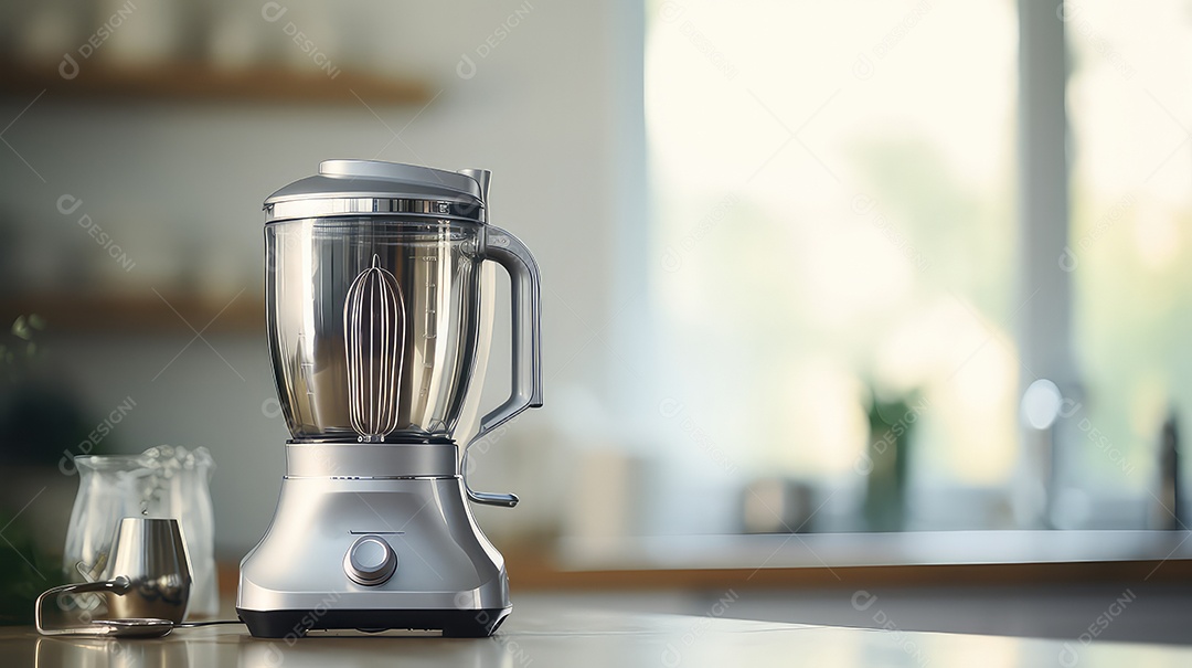 Liquidificador sobre a mesa da cozinha fundo desfocado