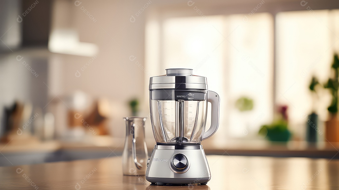 Liquidificador sobre a mesa da cozinha fundo desfocado.