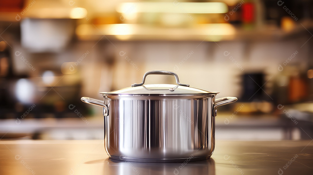 Panela de aço inoxidável em um balcão na cozinha