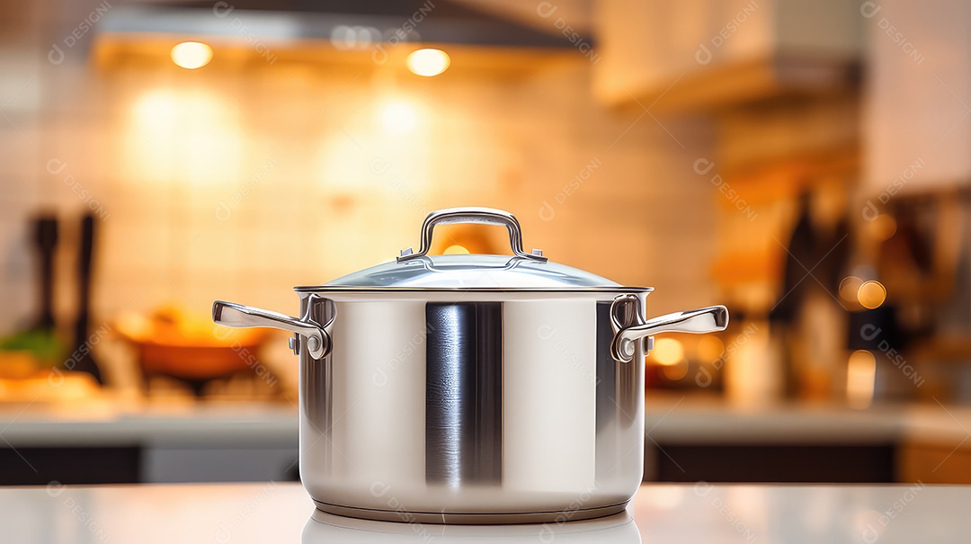 Panela de aço inoxidável em um balcão na cozinha