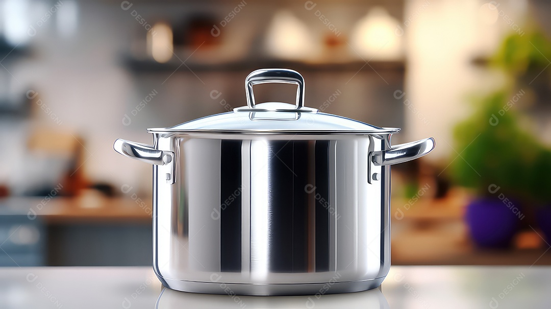 Panela de aço inoxidável em um balcão na cozinha