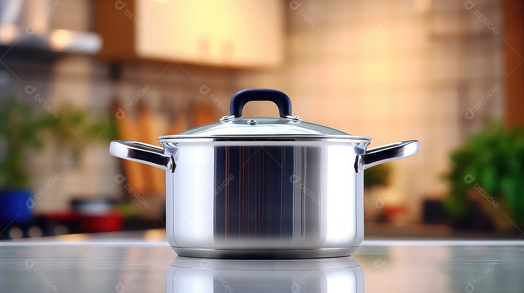 Panela de aço inoxidável em um balcão na cozinha