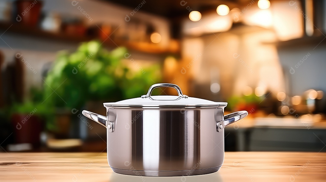 Panela de aço inoxidável em um balcão na cozinha