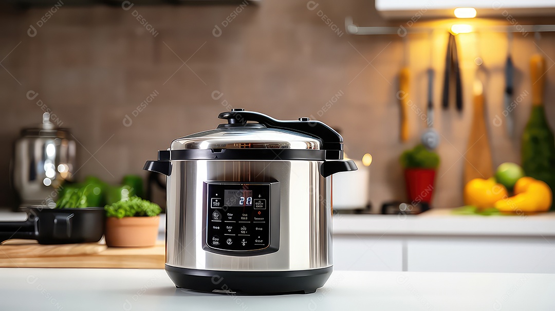 Panela elétrica moderna multiuso na mesa da cozinha