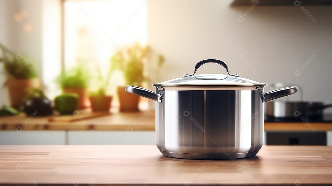 Panela de aço inoxidável em um balcão na cozinha