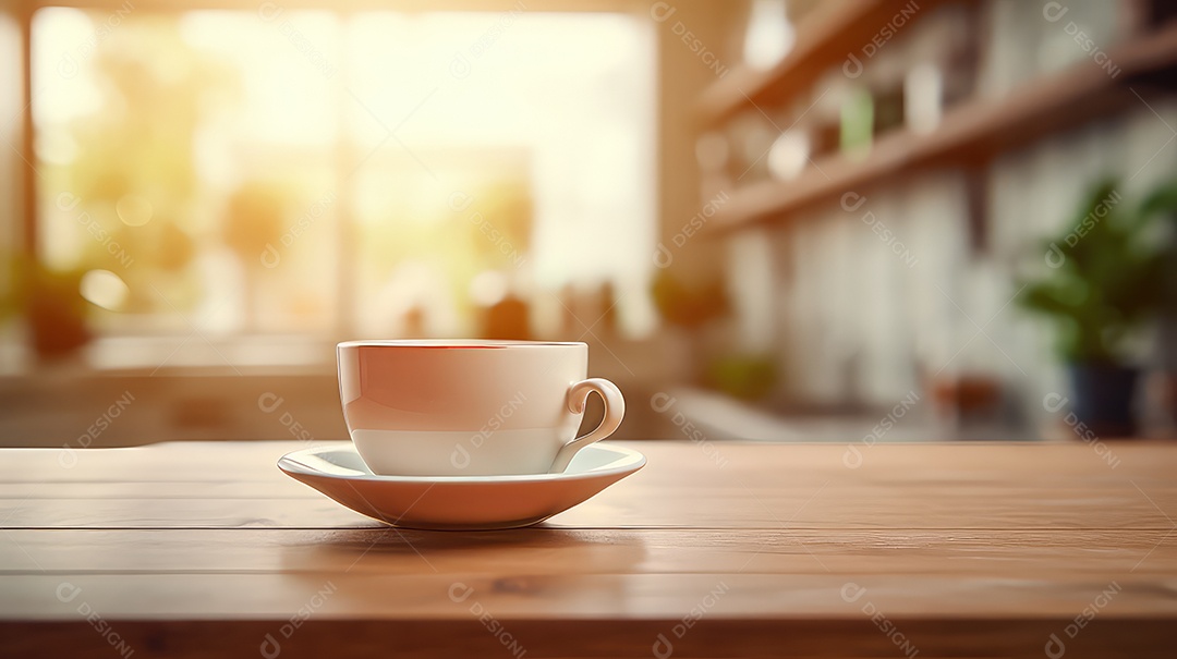 Xícara de café sobre mesa de madeira em cafeteria