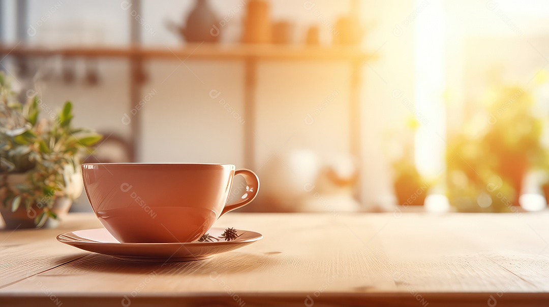 Xícara de café sobre mesa de madeira em cafeteria