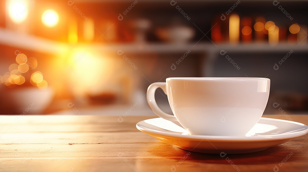 Xícara de café sobre mesa de madeira em cafeteria