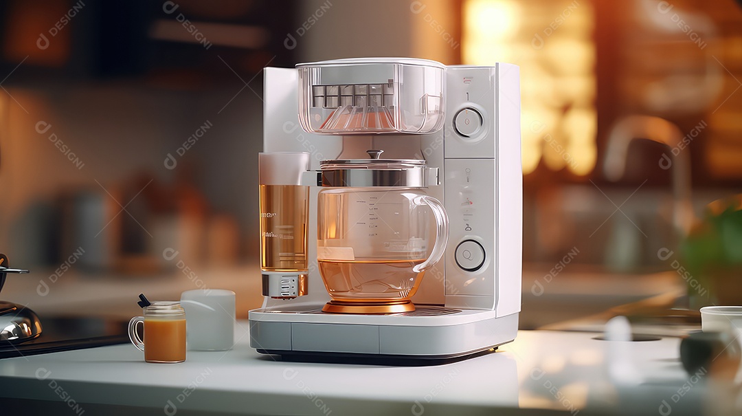 Cafeteira e bule de chá no balcão do bar. Renderização 3D