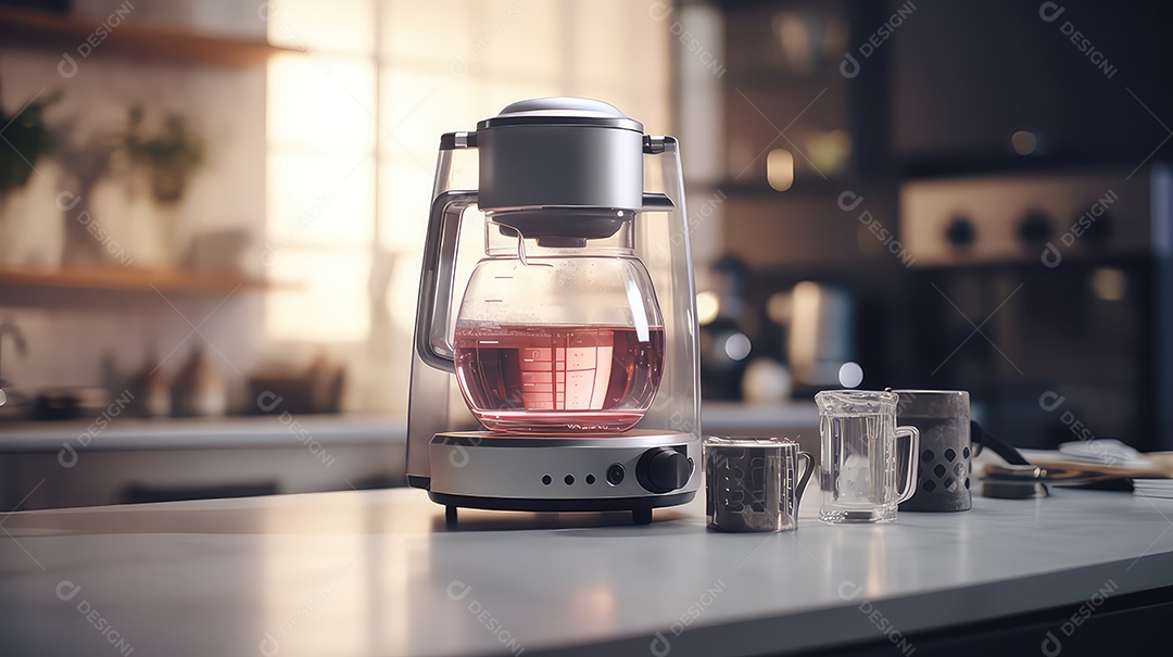 Cafeteira e bule de chá no balcão do bar renderização 3D