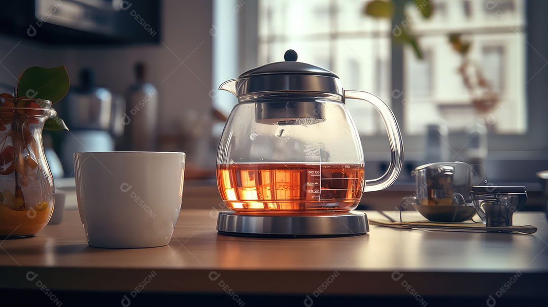 Chá quente em um bule de chá na mesa da cozinha