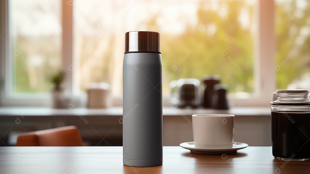 Maquete de uma garrafa térmica vermelha sobre uma mesa de madeira