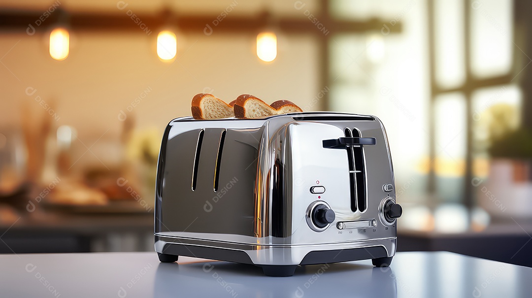 Torradeira moderna com torradas na mesa da cozinha