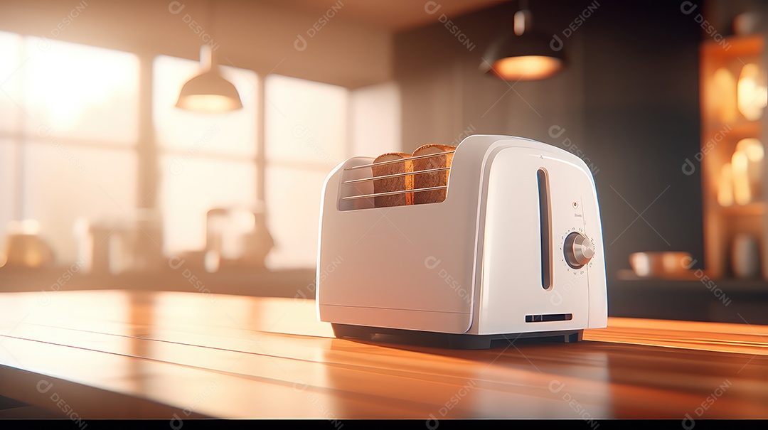 Torradeira moderna com torradas na mesa da cozinha