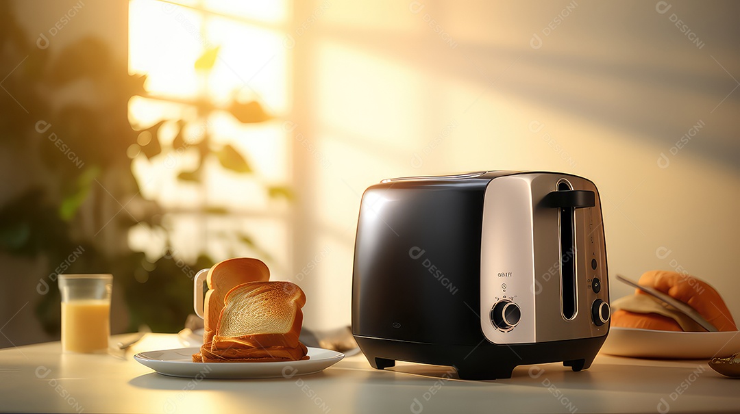 Torradeira moderna com torradas na mesa da cozinha