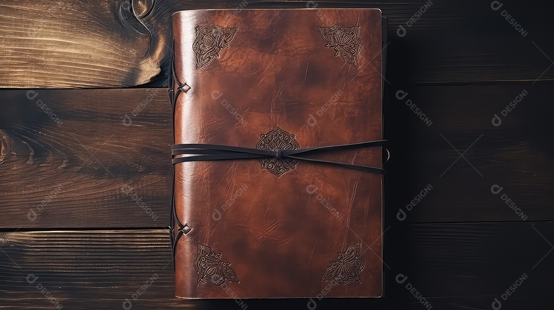 Livro de couro vintage sobre fundo de madeira