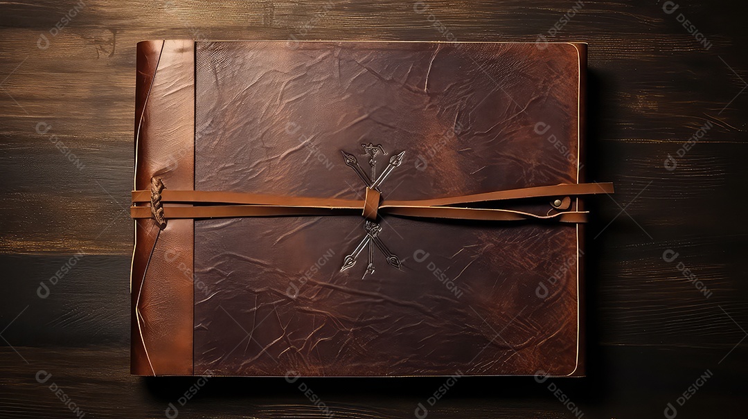 Livro de couro vintage sobre fundo de madeira