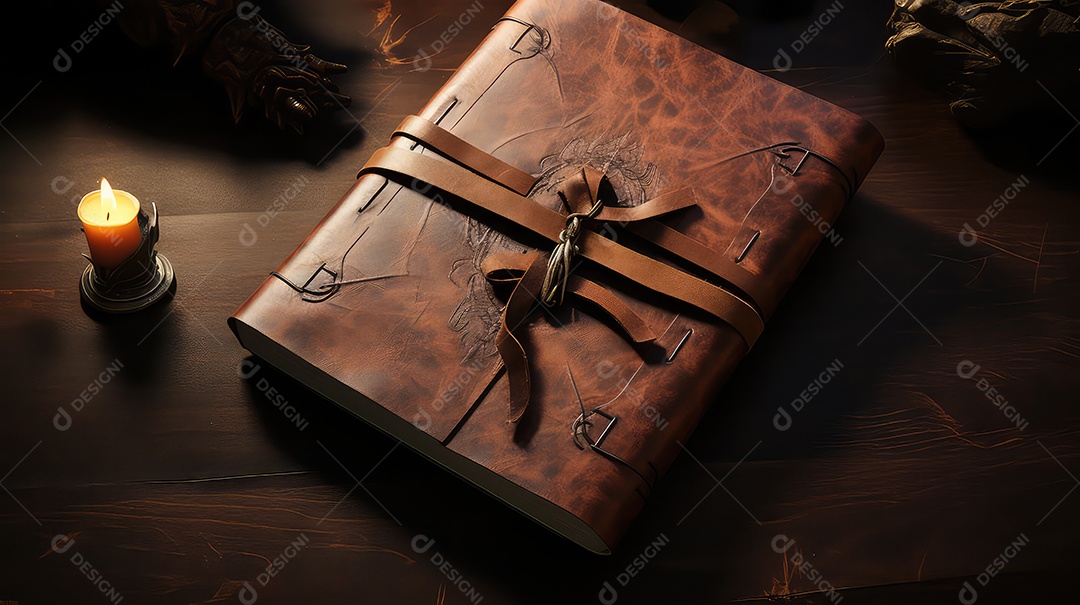 Caderno de couro sobre fundo marrom vista superior