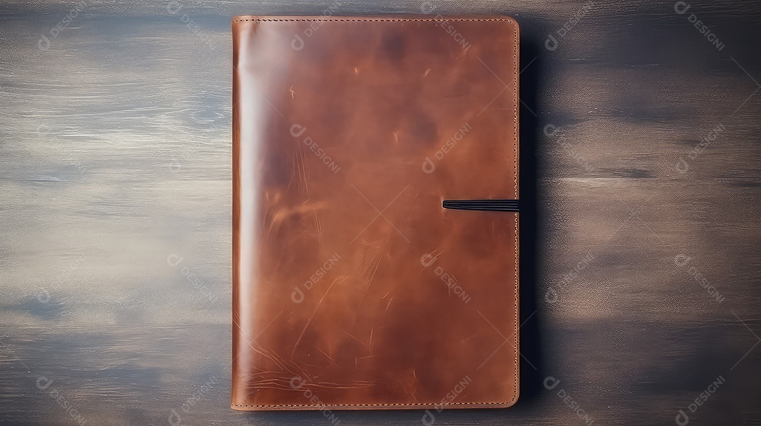 Caderno de couro sobre fundo marrom vista superior